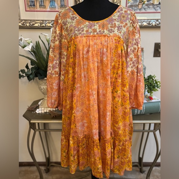 AMERICAN EAGLE ORANGE FLORAL BOHO PEASANT CUT OUT WESTERN FLOWY DRESS SZ L TALL - Picture 3 of 12